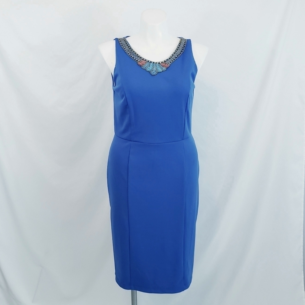 NWT Ashley Stewart Sleeveless Sheath Dress Beaded Neck Blue